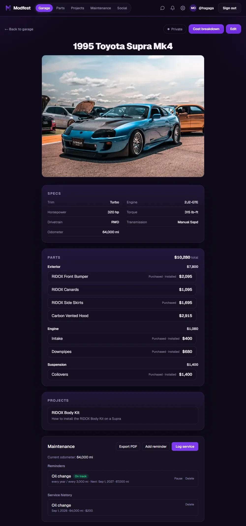 A car's page in Modfest with specs, parts, projects, and maintenance