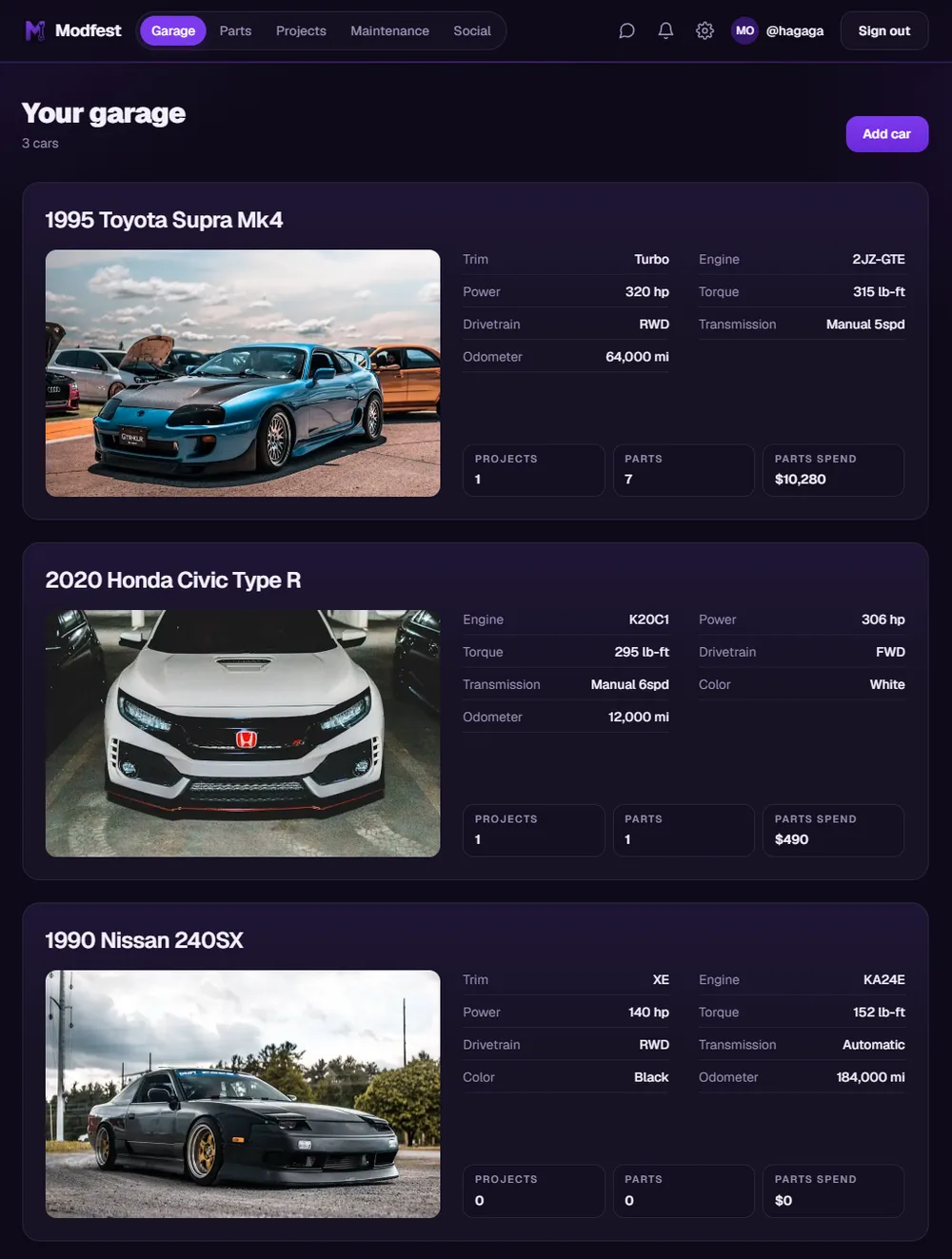 The garage page listing three cars